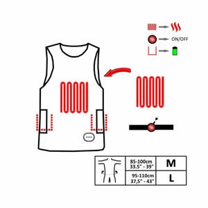 Glovii heated vest technical diagram showing heating elements battery placement and size chart