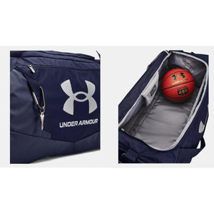 Under Armour duffel bag exterior with logo and interior containing a basketball