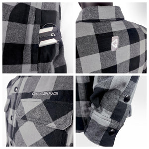 Gerbing grey and black plaid flannel shirt details showing battery pocket, logo, and snap button cuffs