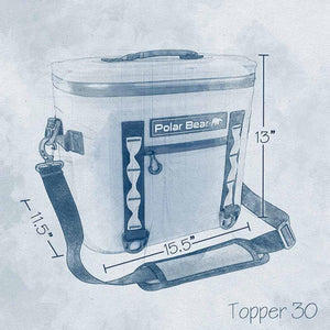 Polar Bear Topper 30 cooler dimensions showing 15.5 inch width 13 inch height and 11.5 inch depth
