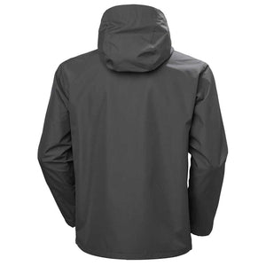 Back view of a grey Helly Hansen hooded rain jacket