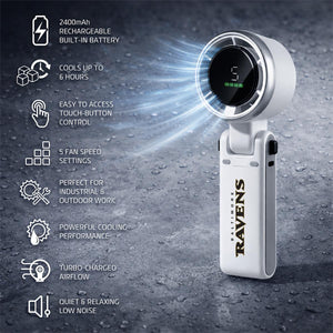AlphaCool handheld fan with Baltimore Ravens logo and feature list
