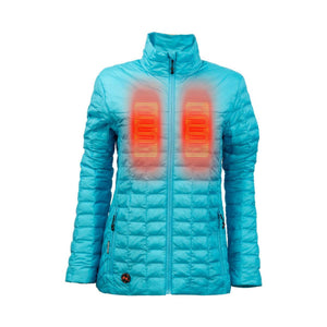 Fieldsheer women's blue quilted heated jacket with glowing chest heating elements