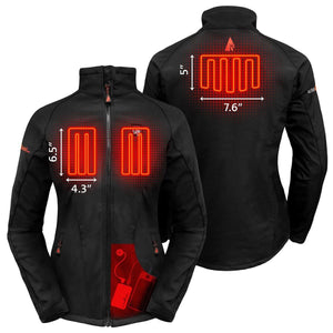 ActionHeat jacket showing heating element dimensions and battery placement