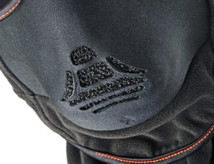 Black fabric glove with embossed Icon logo and orange stitching
