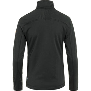 Back view of a black FjallRaven long sleeve fleece jacket with a high collar