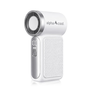 Alpha Cool handheld portable fan with digital display and textured white grip