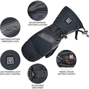 Mount Tec heated mitten features with waterproof goatskin leather, adjustable strap, and battery pocket