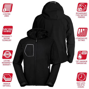 Gerbing black softshell heated jacket with feature icons for battery power, heating zones, and temperature settings