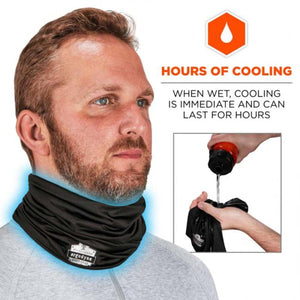 Man wearing a black Chill-Its cooling neck gaiter being activated with water