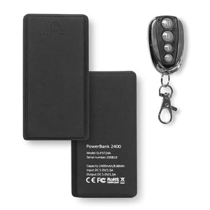 Black 2400mAh power bank with technical specifications and a four button remote control key fob