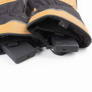 Mobile Warming heated gloves with internal battery packs connected