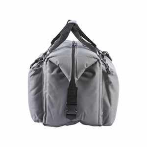 Side view of a grey AO Coolers soft cooler bag with black straps and buckles