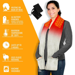 ActionHeat battery powered fleece scarf with neck heating elements and feature list