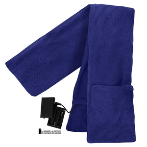 ActionHeat blue fleece scarf with battery pack requiring three AA batteries