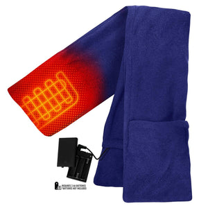 ActionHeat blue fleece scarf with battery pack and heating element graphic