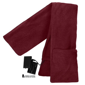 ActionHeat burgundy fleece scarf with attached battery pack requiring three AA batteries