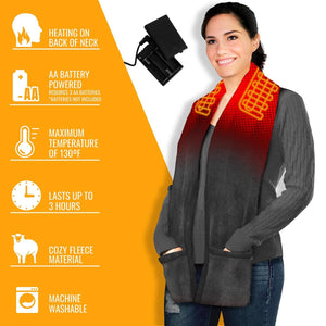 ActionHeat battery powered fleece scarf with neck heating elements and feature list