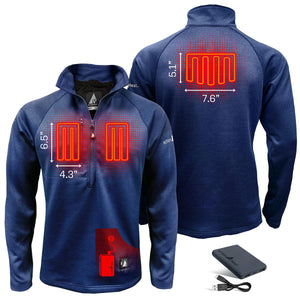 ActionHeat blue quarter zip jacket showing heating element placement and dimensions with included power bank