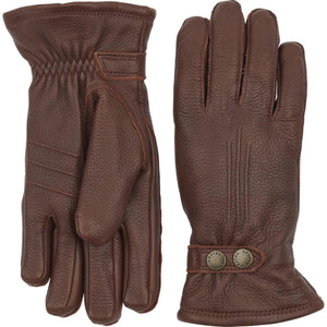 Hestra brown leather gloves with button strap detail