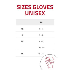 Lenz unisex glove size chart showing EU sizes for XS to XL