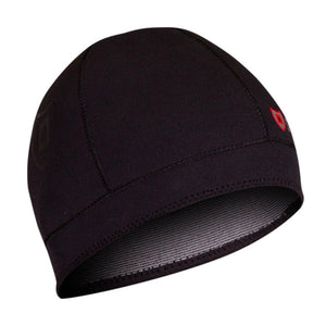 Black neoprene swim cap with a red shield logo on the side