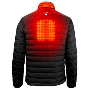 Back view of a black Gerbing heated jacket showing glowing red heating elements on the back and collar