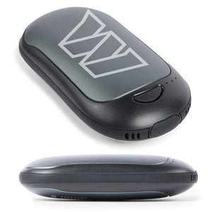 Grey oval shaped portable power bank with a white logo on top and side view