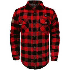 Red and black buffalo plaid long sleeve button up flannel shirt with two chest pockets