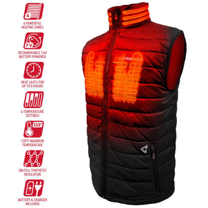 Gerbing heated vest with feature icons showing four heating zones and battery specifications
