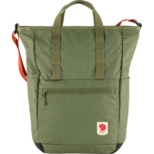 Fjallraven olive green tote bag with orange shoulder straps and front zipper pocket