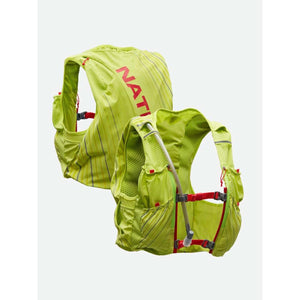 Nathan lime green hydration running vest with red straps and hydration tube