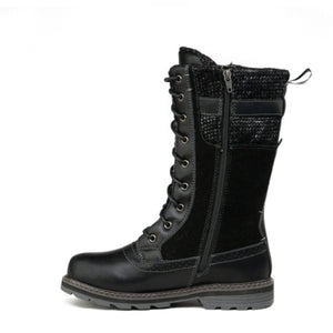 Black lace up mid calf boot with side zipper and knit cuff detail