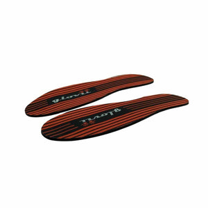 Pair of Glovii heated shoe insoles with black and orange striped pattern