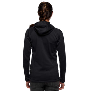 Back view of a person wearing a black Black Diamond hooded fleece jacket