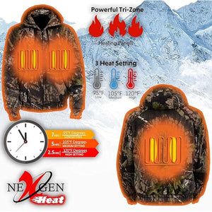 NexGen heated camouflage jacket showing tri-zone heating panels and three temperature settings