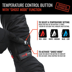 ActionHeat glove temperature control button instructions showing red white and blue LED heat settings