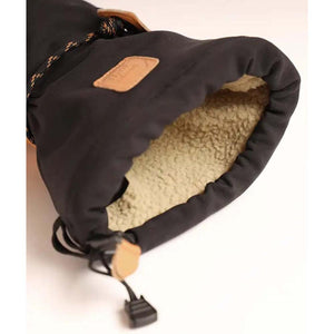 Black winter mitten with tan fleece lining and adjustable drawstring cuff