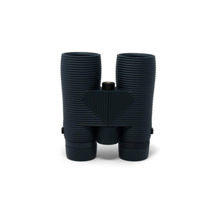 Black binoculars with ribbed texture on white background