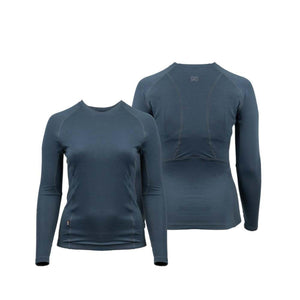 Front and back view of a dark blue long sleeve base layer top