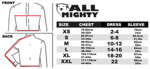 All Mighty size chart showing chest dress and sleeve measurements for sizes XS to XXL