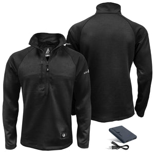 ActionHeat black mens quarter zip heated fleece jacket with power bank and charging cable