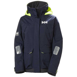 Helly Hansen navy blue sailing jacket with neon yellow hood lining and reflective patches on sleeves