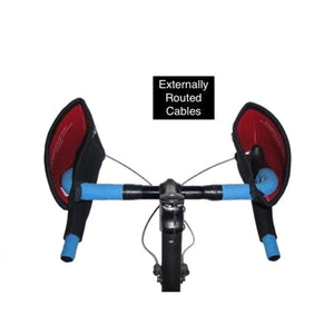 Bicycle handlebars with externally routed cables and black and red bar mitts