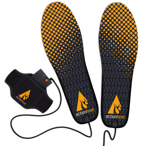 ActionHeat heated insoles with black and orange polka dot pattern and battery pack