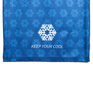 Gobi Heat blue cooling towel with white snowflake graphic and Keep Your Cool text