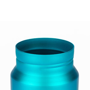 Close up of the open neck of a teal metal water bottle