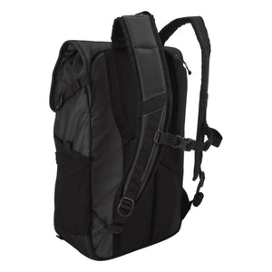 Back view of a black Thule backpack with adjustable shoulder straps and chest buckle