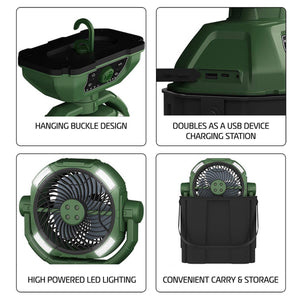 AlphaCool portable fan features hanging buckle, USB charging port, LED lights, and compact storage design