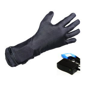 Black heated glove with zipper cuff and battery charger